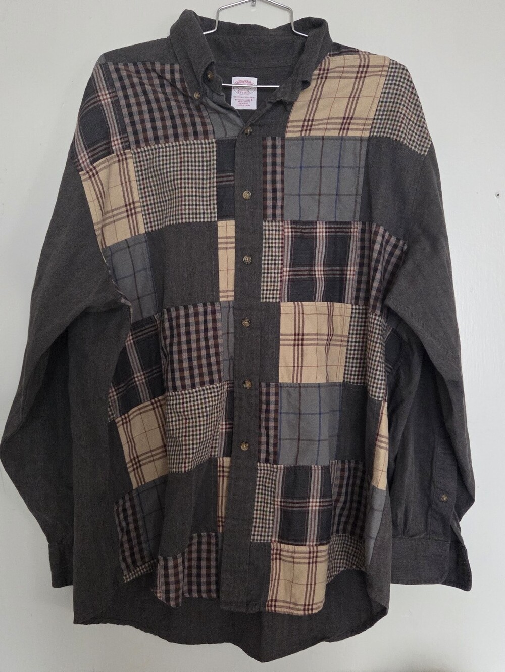 Brooks Brothers Shirt Mens Size XL Plaid Patchwork Brooks Flannel Cotton Wool